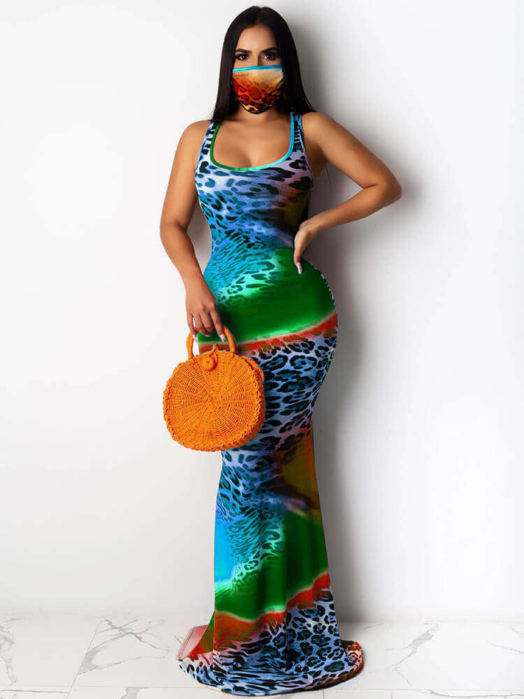 Vestido largo sin mangas con cuello cuadrado y estampado de leopardo Tie Dye 