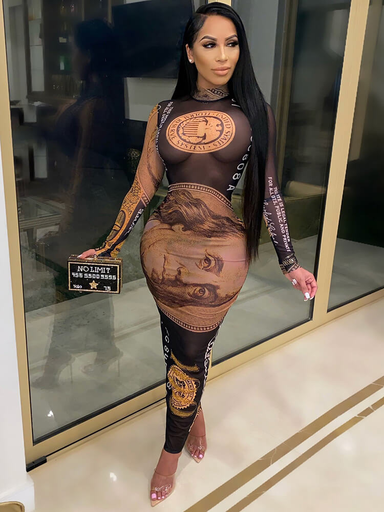 Vestidos largos transparentes con estampado de dólares de malla transparente 