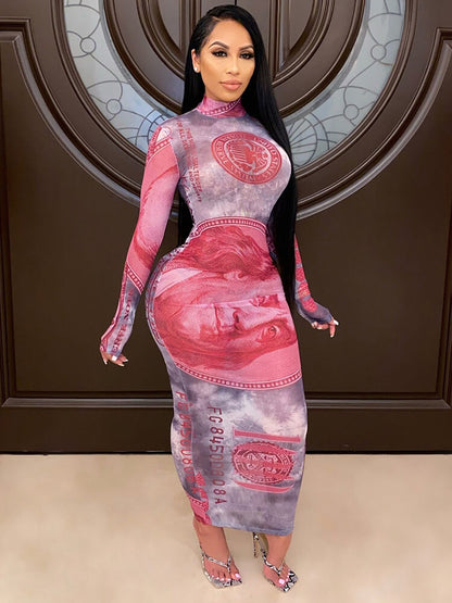 Vestidos largos transparentes con estampado de dólares de malla transparente 