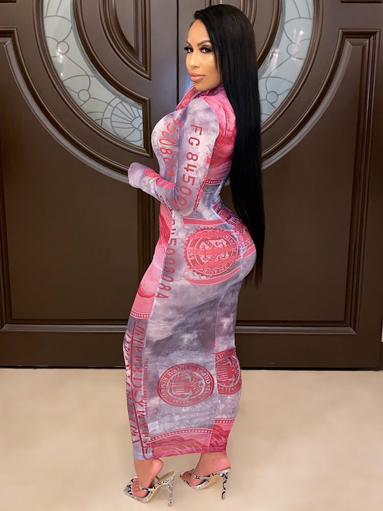 Vestidos largos transparentes con estampado de dólares de malla transparente 