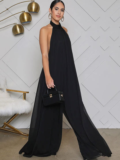 Mono de pierna ancha sin mangas con cuello halter y espalda descubierta