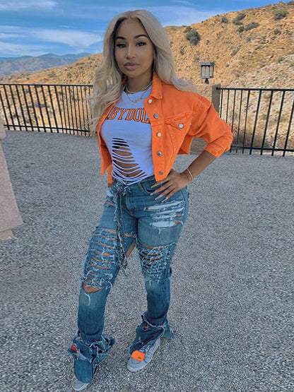 Chaquetas vaqueras rasgadas con botones de manga larga