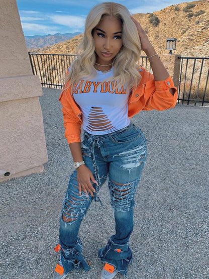 Chaquetas vaqueras rasgadas con botones de manga larga