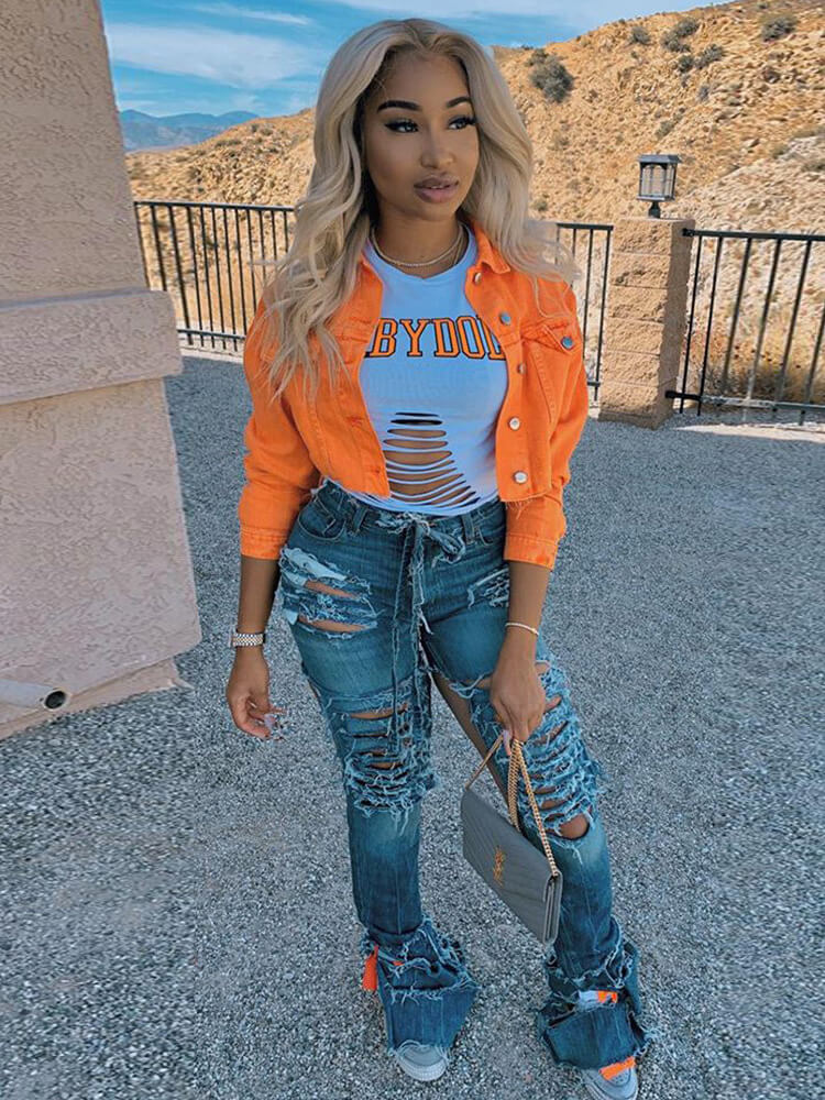 Chaquetas vaqueras rasgadas con botones de manga larga
