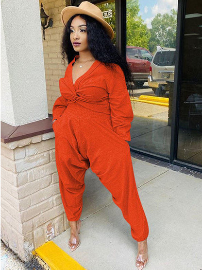 Tops cortos + pantalones con nudo y cuello en V de dos piezas