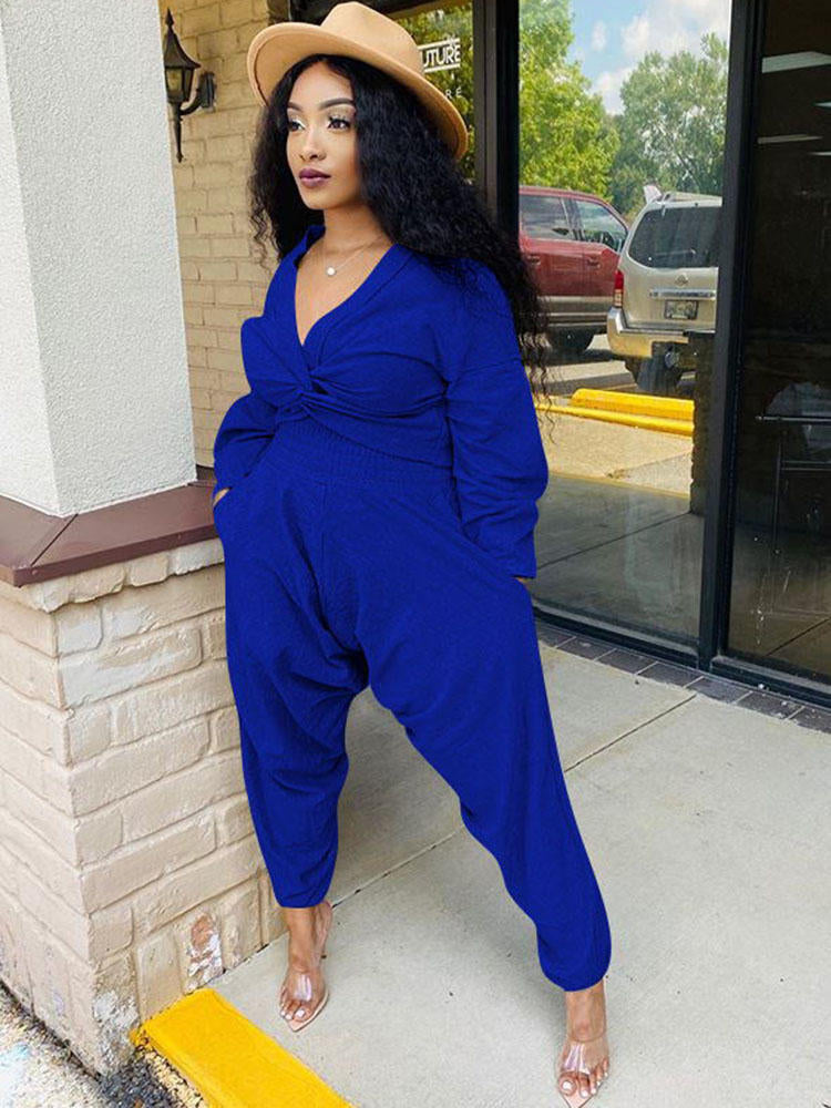 Tops cortos + pantalones con nudo y cuello en V de dos piezas