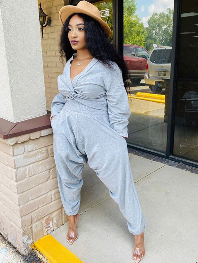 Tops cortos + pantalones con nudo y cuello en V de dos piezas