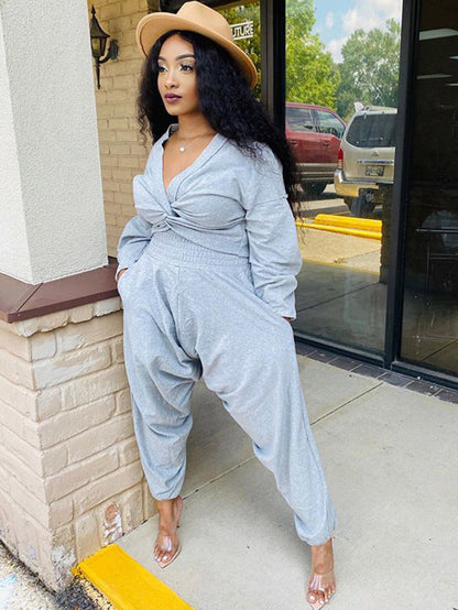 Tops cortos + pantalones con nudo y cuello en V de dos piezas