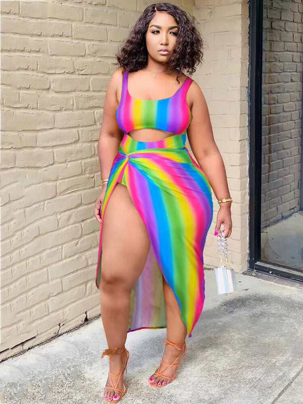 Plus Size Two Piece Rainbow Top + Skirt Suit Beach Swimsuits