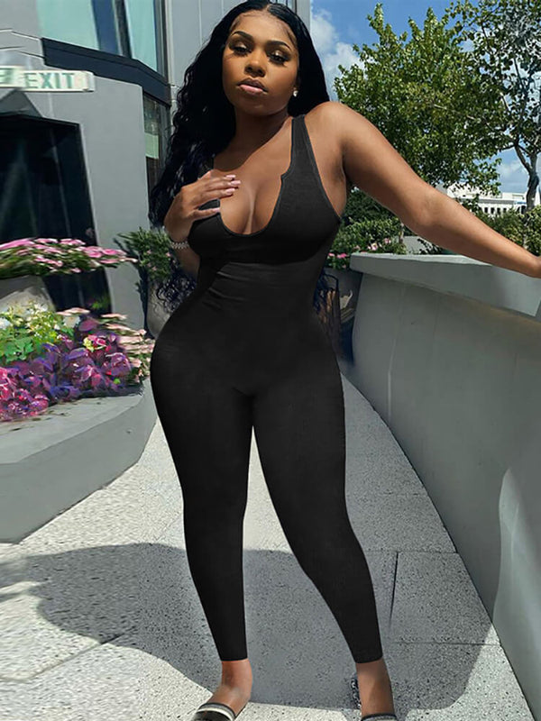 Solid Color Slit Scoop Neck Ottoman Rib Bodycon Jumpsuits