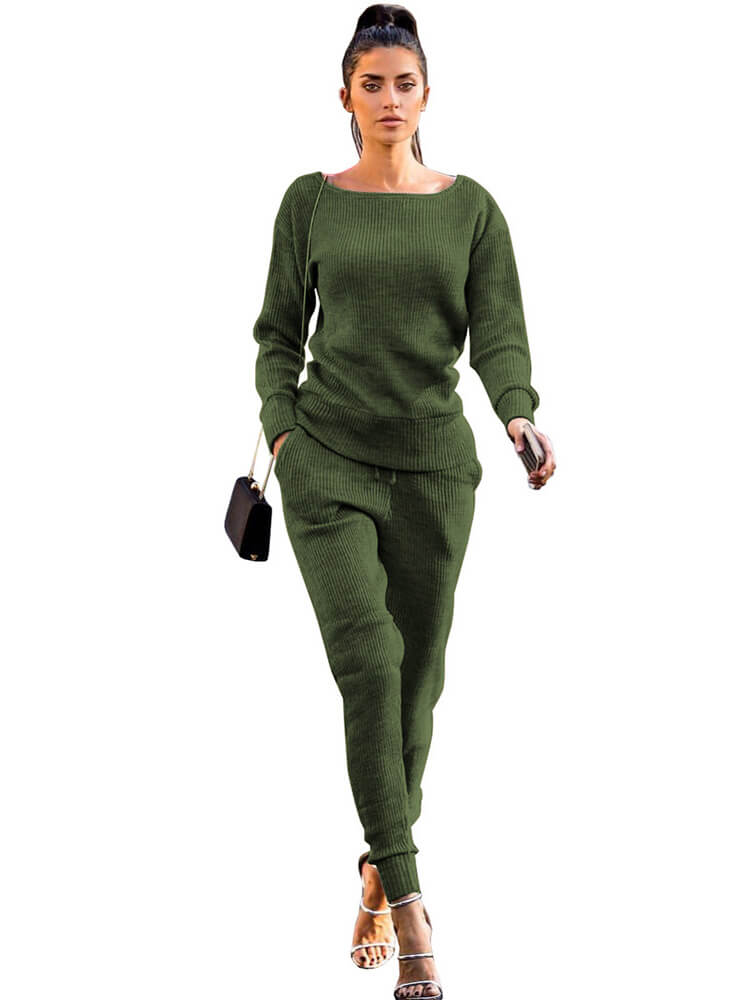 Conjuntos de top + pantalón de color sólido con jersey de dos piezas 