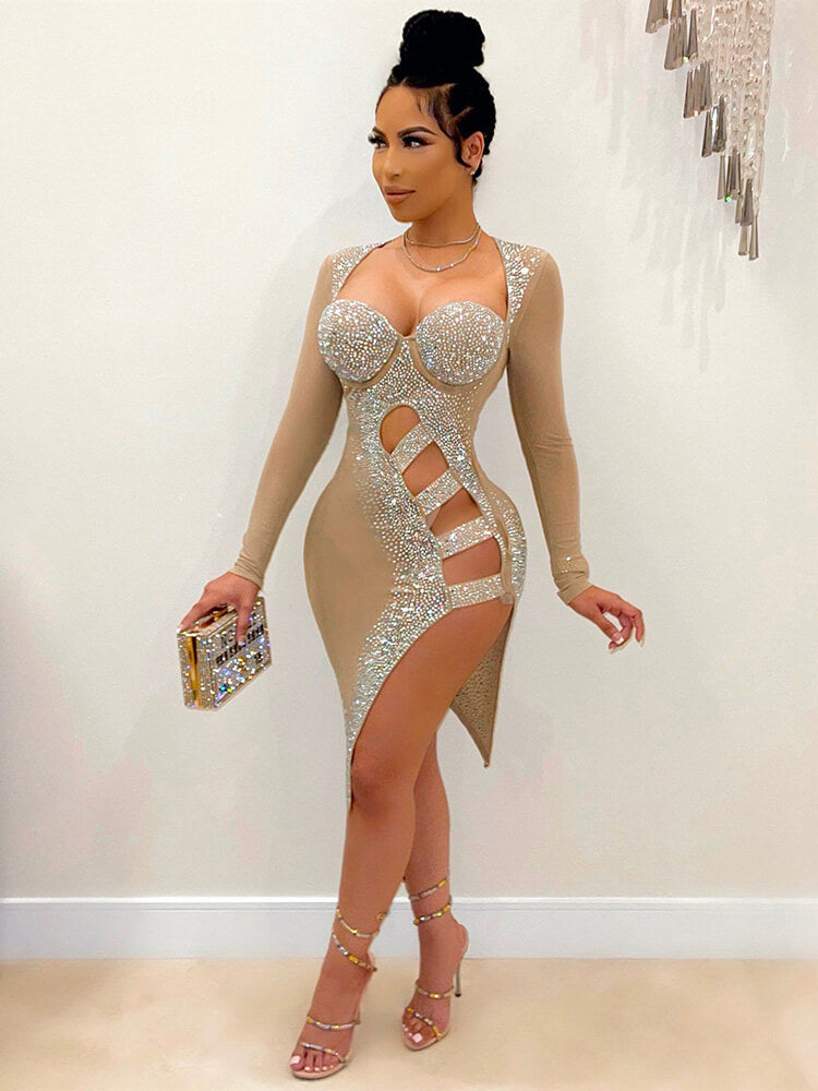 Long Sleeve Sequins Hollow Out Mini Dress