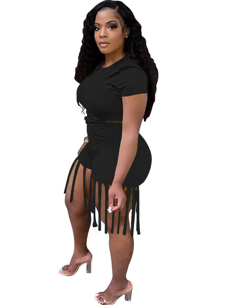 2 piezas Tops de manga corta con nudo en la parte delantera, talla grande, pantalones cortos con borlas