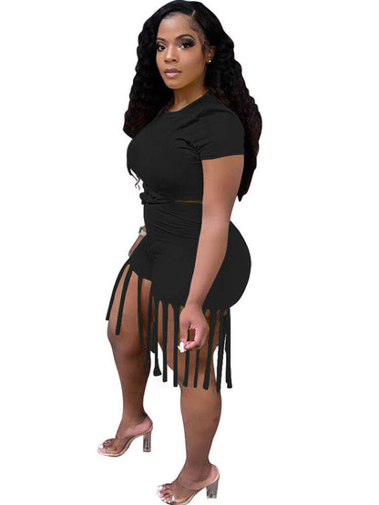 2 piezas Tops de manga corta con nudo en la parte delantera, talla grande, pantalones cortos con borlas