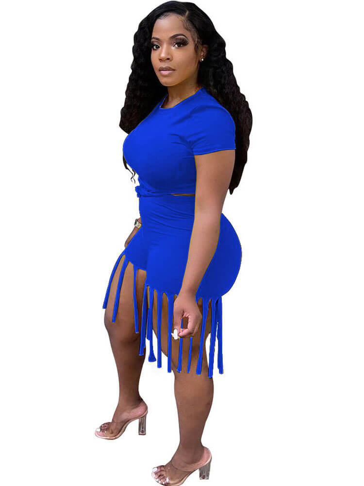 2 piezas Tops de manga corta con nudo en la parte delantera, talla grande, pantalones cortos con borlas