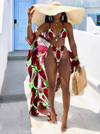 3 Piece Floral Leaf Bikini Top Swim Bottom Cover Up