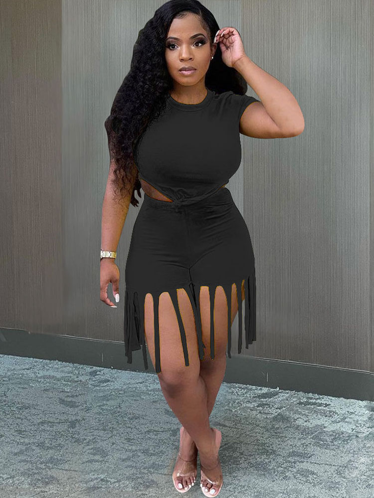 2 piezas Tops de manga corta con nudo en la parte delantera, talla grande, pantalones cortos con borlas