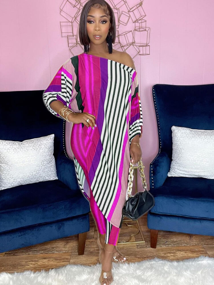 Tops irregulares estampados de dos piezas y pantalones largos ajustados