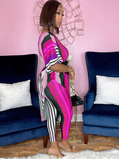 Tops irregulares estampados de dos piezas y pantalones largos ajustados