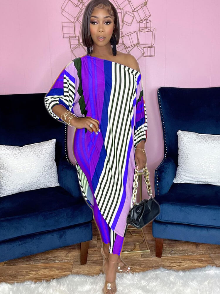 Tops irregulares estampados de dos piezas y pantalones largos ajustados