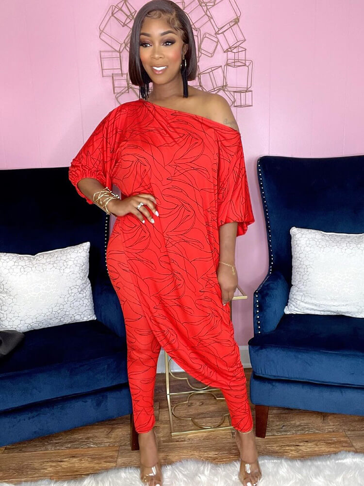 Tops irregulares estampados de dos piezas y pantalones largos ajustados