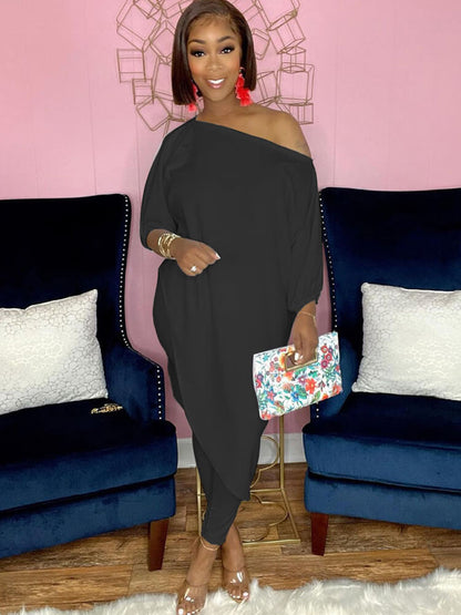 Tops irregulares estampados de dos piezas y pantalones largos ajustados