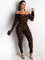 Two Pieces Printed Off Shoulder Jumpsuit Bodycon Pants