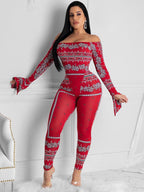 Two Pieces Printed Off Shoulder Jumpsuit Bodycon Pants