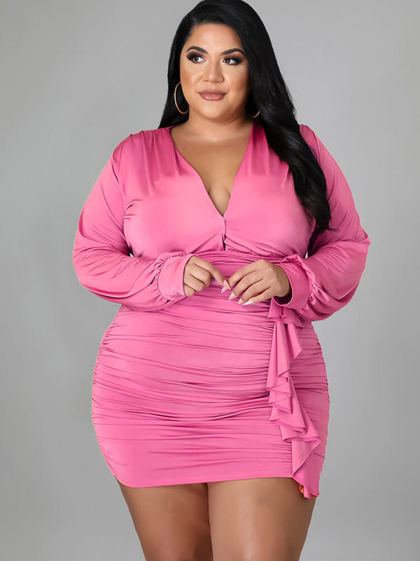 Plus Size Long Sleeve Ruched Bodycon Mini Dresses