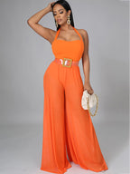 Halter Neck Strap Sheer Mesh Wide Leg Jumpsuit