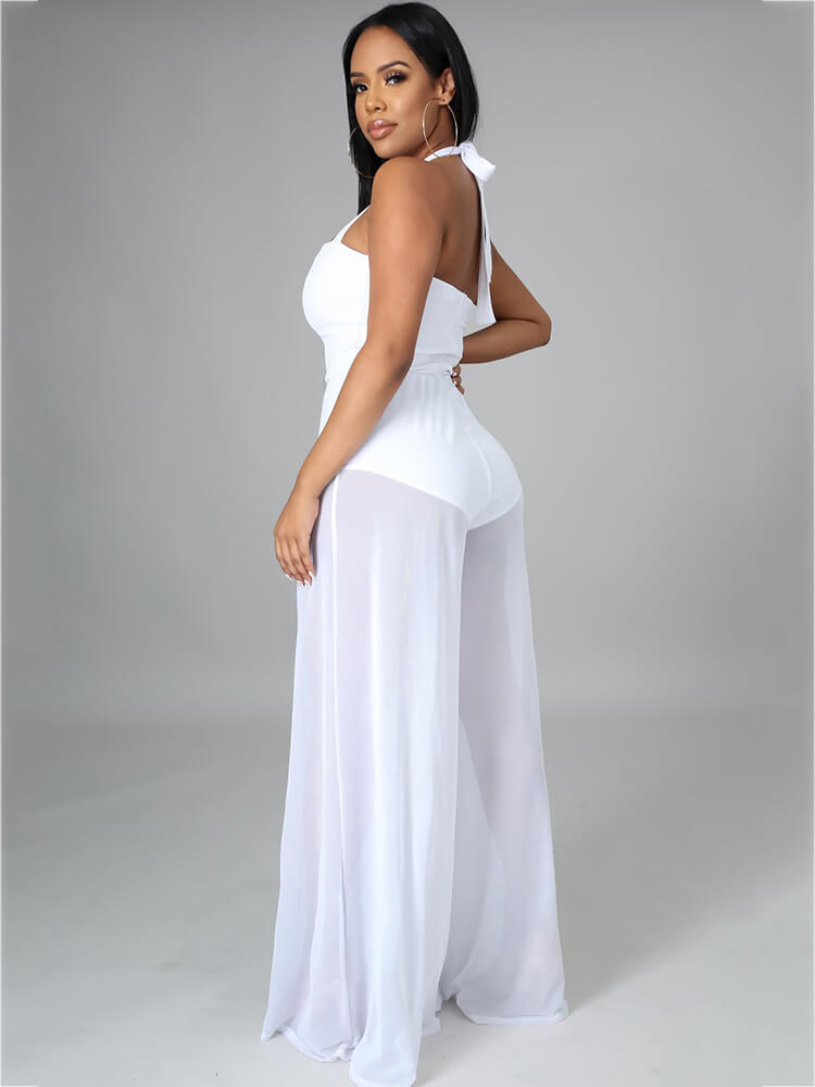 Monos de pernera ancha de malla transparente con tirantes y cuello halter 