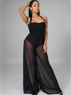 Halter Neck Strap Sheer Mesh Wide Leg Jumpsuit