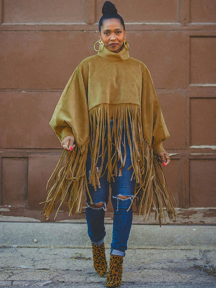 Tops tipo ponchos con borlas y cremallera con manga de murciélago