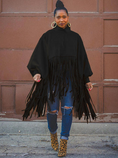 Tops tipo ponchos con borlas y cremallera con manga de murciélago