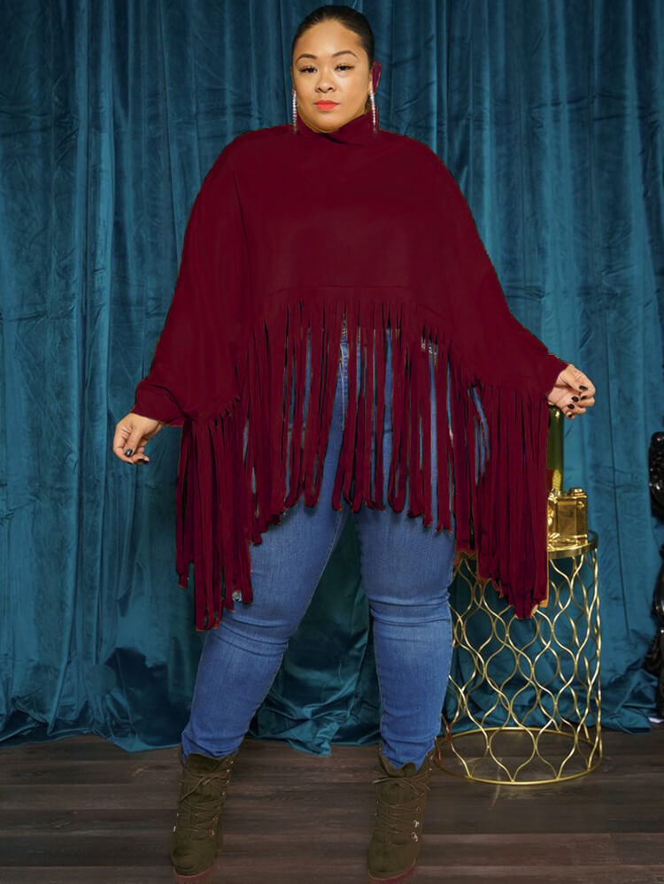 Tops tipo ponchos con borlas y cremallera con manga de murciélago