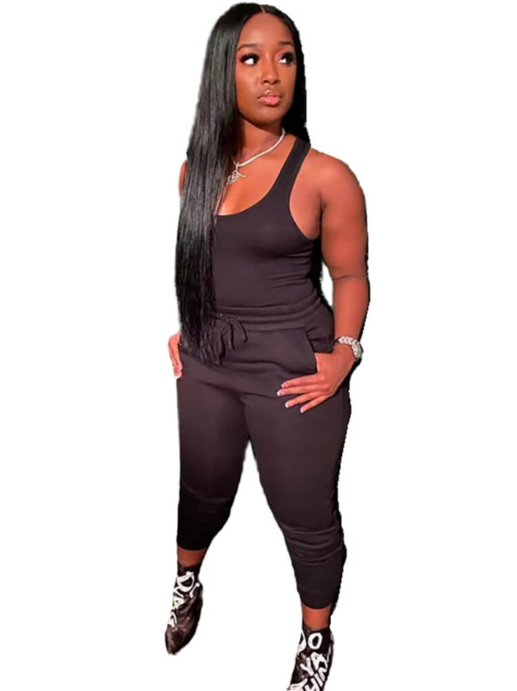 Conjuntos de pantalones y camisetas sin mangas de color sólido sin mangas de 2 piezas 