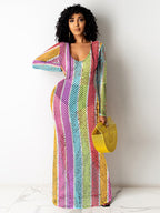 Vestidos largos de rejilla de rayas multicolores de una pieza 