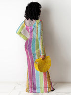 Vestidos largos de rejilla de rayas multicolores de una pieza 