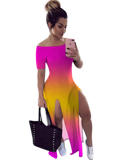 Vestidos largos de cóctel con abertura lateral y hombros descubiertos 