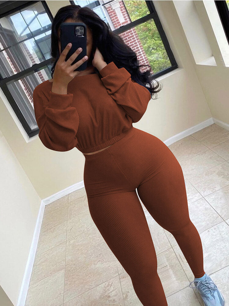 Tops de punto acanalado de dos piezas + pantalones pitillo