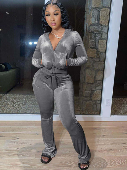 Velour Two Pieces Full Zipper Hooded Tracksuits with Pockets