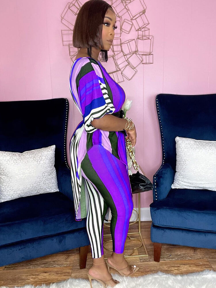 Tops irregulares estampados de dos piezas y pantalones largos ajustados