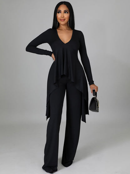 Top con cuello en V y pantalones largos con cordones irregulares de dos piezas