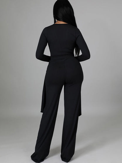 Top con cuello en V y pantalones largos con cordones irregulares de dos piezas