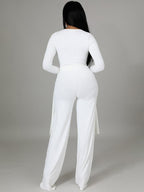 Two Pieces Irregular Lace Up V Neck Top Long Pants