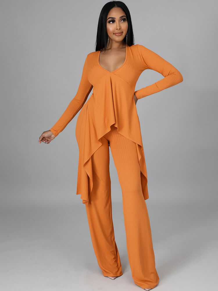 Top con cuello en V y pantalones largos con cordones irregulares de dos piezas