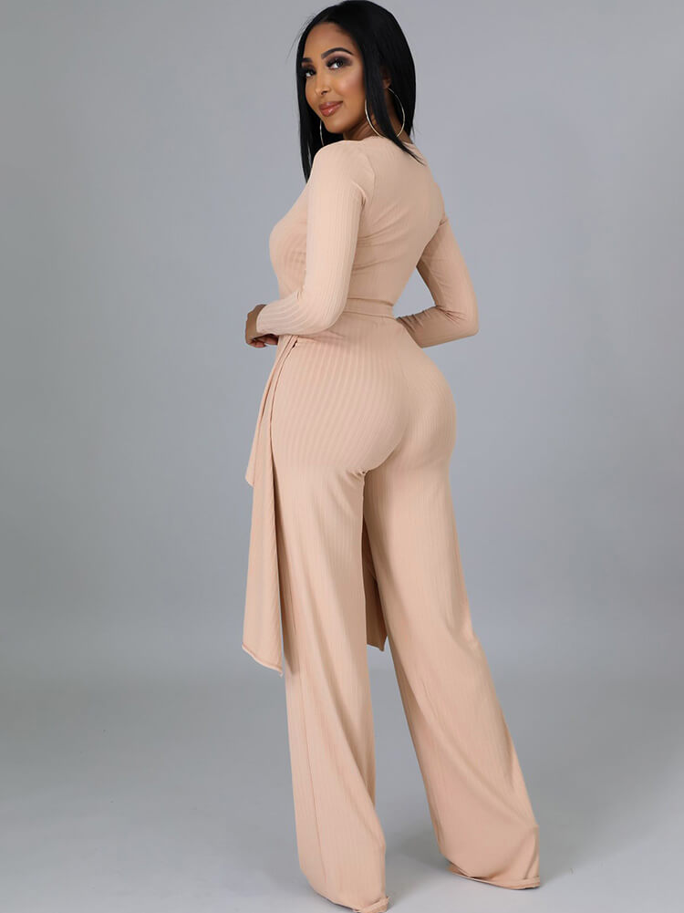 Top con cuello en V y pantalones largos con cordones irregulares de dos piezas