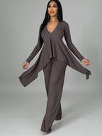 Two Pieces Irregular Lace Up V Neck Top Long Pants
