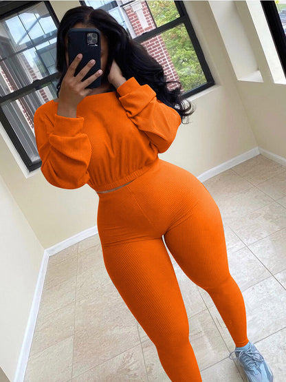 Tops de punto acanalado de dos piezas + pantalones pitillo