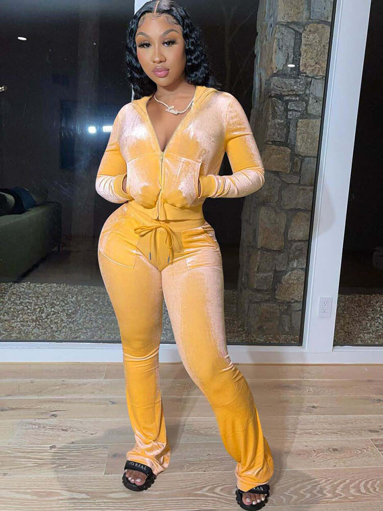 Velour Two Pieces Full Zipper Hooded Tracksuits with Pockets